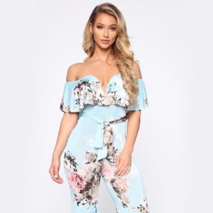 Light Blue Bardot Floral Jumpsuit